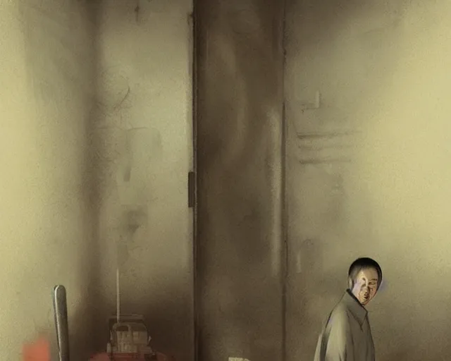 Image similar to a 50 year old brunnete chinese man standing in a morgue funereal next to the grim reaper, horror scene, dramatic, anime art, Greg Rutkowski, studio ghibli, dramatic lighting