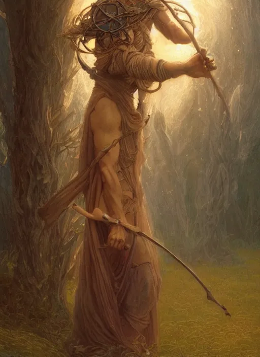 Image similar to A male druid, by Jean Delville and Sophie Anderson and Mandy Jurgens, golden ratio, perfect composition, elegant, no crop, extremely detailed, hd, masterpiece, artstation