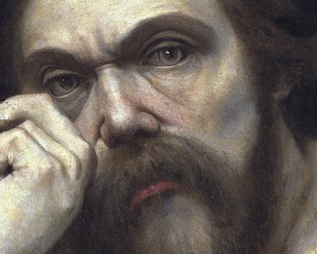 Image similar to a close up of dostoyevsky as an exhausted painter in his studio by edgar maxence and caravaggio and michael whelan, intricate painting, hyper realistic, extremely detailed and beautiful aesthetic face, 8 k resolution