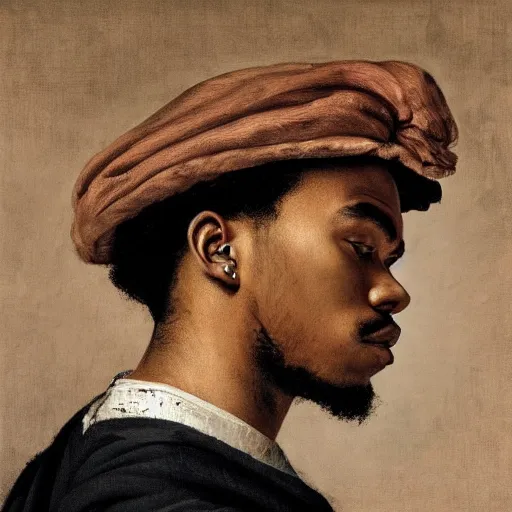 Image similar to a portrait painting of Chance The Rapper as a Poetic Philosopher in the style of Caravaggio, 1599, realistic, detailed