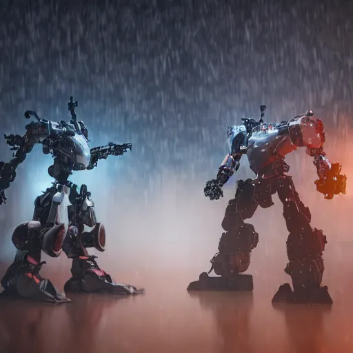 Image similar to 2 mecha warriors battling each other in heavy rain, ground fog, lighting, moody lighting, 8 k, shallow depth of field, cinematic lighting,