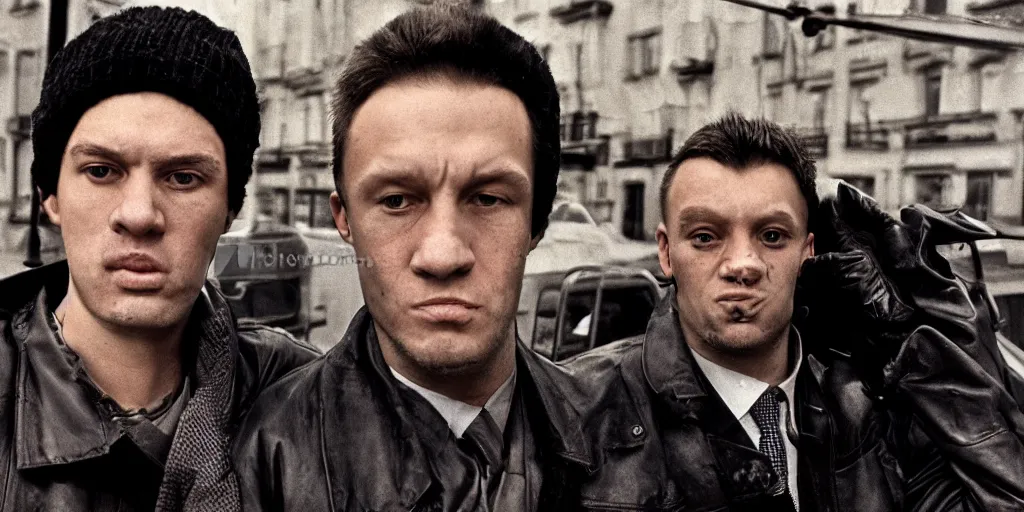 Image similar to close view headshot portrait of alexandr zembatov and mikhail alontsev, tall and small, posing on a street in gangsta comedy of 1990s, movie shot, Lock, Stock and Two Smoking Barrels