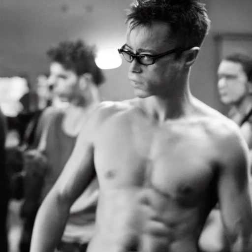 Image similar to B&W outtake from Fight Club where Tyler eats a choco taco