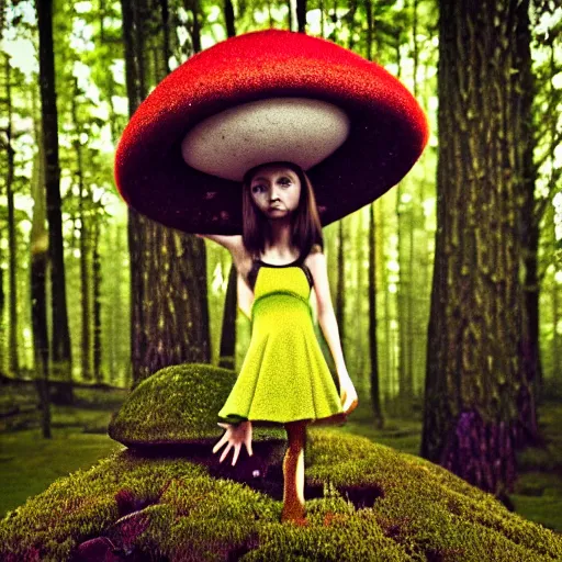 Image similar to portrait of a thin girl twiggy face in full height, elegant pose, a huge toadstool hat on her head, large eyes , the girl is standing on the edge of the forest, surrounded by colorful sparkling moss ,intense, dramatic lighting, intricate details, cinematic, high definition