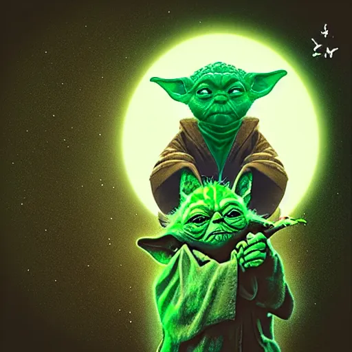 Image similar to “an 8k hi res extremely detailed photorealistic magazine editorial photo shoot pic of yoda with a long bear holding up and praising a glowing hemp leaf on a strange moon. Colorized”