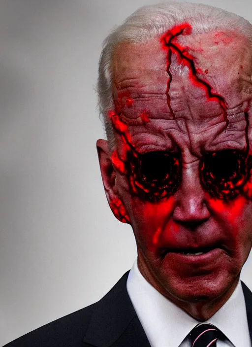 Image similar to hyper realistic ultra realistic horror terror dimensional photo furious glowing red eyes biden, high quality photo, detailed , 8k