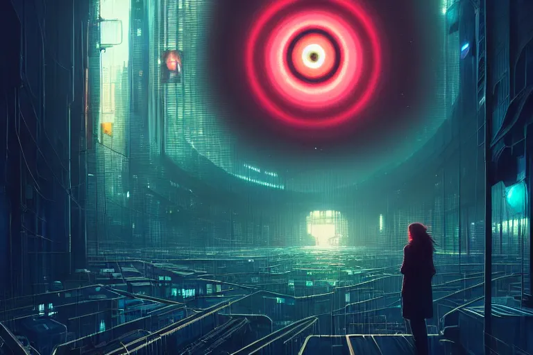 Prompt: portrait of a mystical giant eye, big brother is watching you vibes, mechanic, dystopian, ( ( cyberpunk ) ), intricate, ( ( ( abstract ) ) ), cinematic, glow, neons, octane render, wlop, greg rutkowski, dan mumford, artgerm