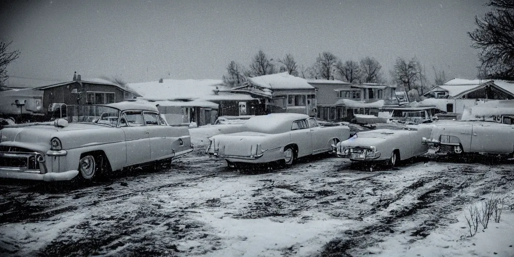 Prompt: detailed sharp photograph in the style of popular science circa 1 9 5 5 and gregory crewdson of a 1 9 5 0 s trailer park mid winter storm