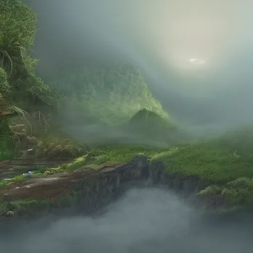 Prompt: sci-fi, fantasy, village, green hill, flower, rocks, river, farm, highland, day time, holy, heavy fog, hyper realistic, cinematic lighting, highly detailed