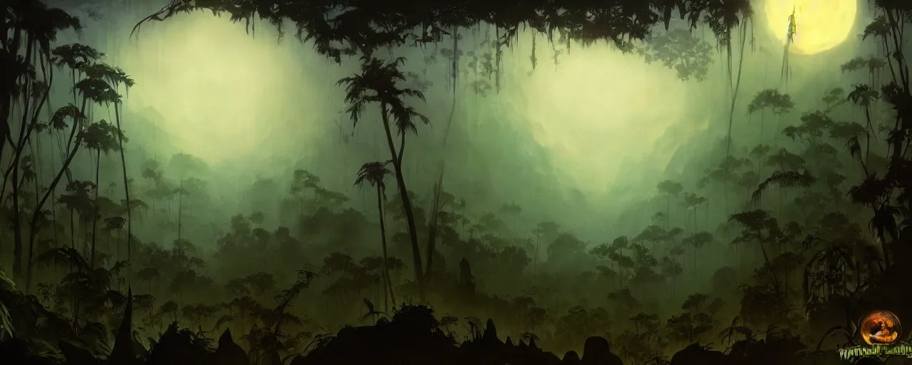 Image similar to very detailed mystic foggy cinematic jungle background , moon,backlight trees by frazetta