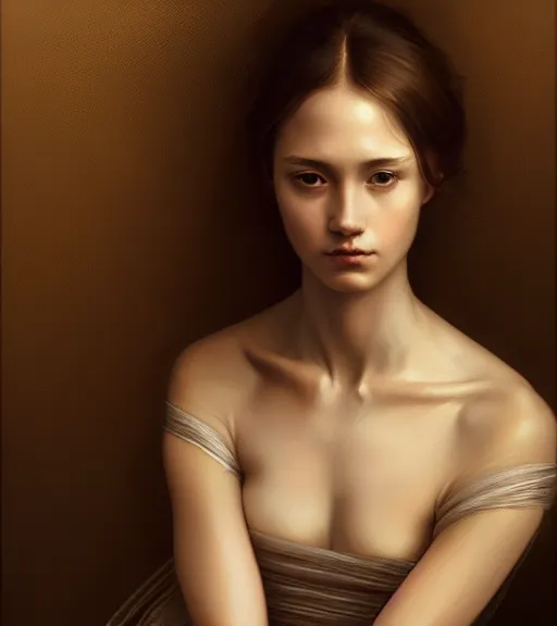 Prompt: portrait of a woman sitting alone with heightened detail, poised, intense emotion, detailed facial expression, detailed surroundings, intricate, elegant, highly detailed, centered, digital painting, artstation, concept art, smooth, sharp focus, illustration, by ( leonardo da vinci ), wlop