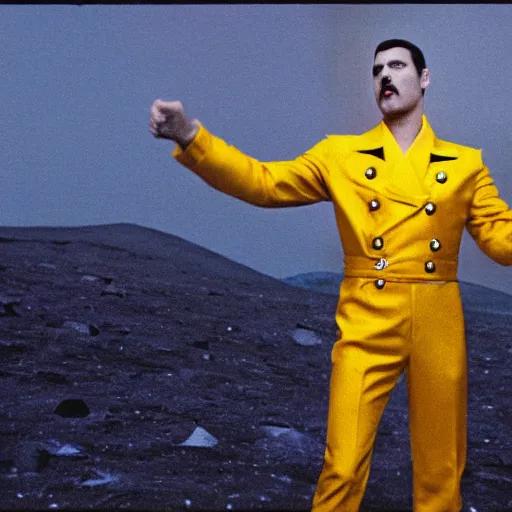 Image similar to color photography of Freddy mercury singing on the moon, wearing yellow military-style cropped coat