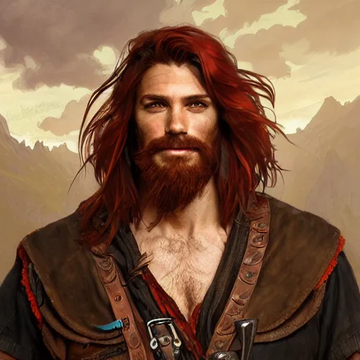 Prompt: portrait of a young ruggedly handsome but joyful pirate, male, masculine, upper body, red hair, long hair, d & d, fantasy, intricate, elegant, highly detailed, digital painting, artstation, concept art, matte, sharp focus, illustration, art by artgerm and greg rutkowski and alphonse mucha