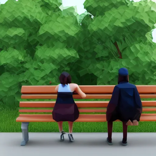 Prompt: a couple sitting on a park bench, low poly