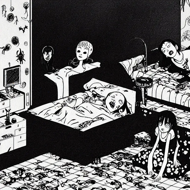 Image similar to cursed illustration of beautifully ominous creepy sleep paralysis demon observing sleeping teenager inside 1 9 8 0's cluttered bedroom. manga style of junji ito, kentaro mirua, weirdcore, octane render