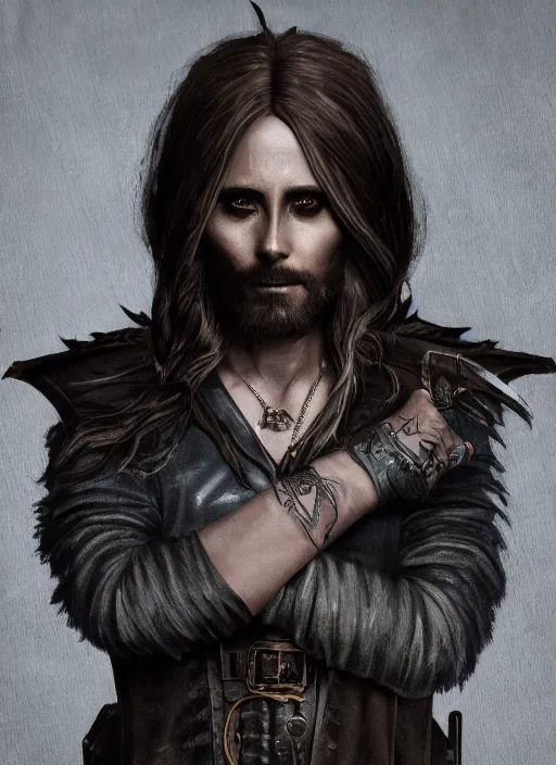 Prompt: A fantasy comic book style portrait painting of Jared Leto as a witchhunter in a atmospheric dark fortress, unreal 5, DAZ, hyperrealistic, octane render, RPG portrait, ambient light, dynamic lighting