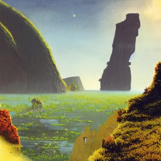 Image similar to illustration of a lush natural scene on an alien planet by chris foss. beautiful landscape. weird vegetation. cliffs and water.