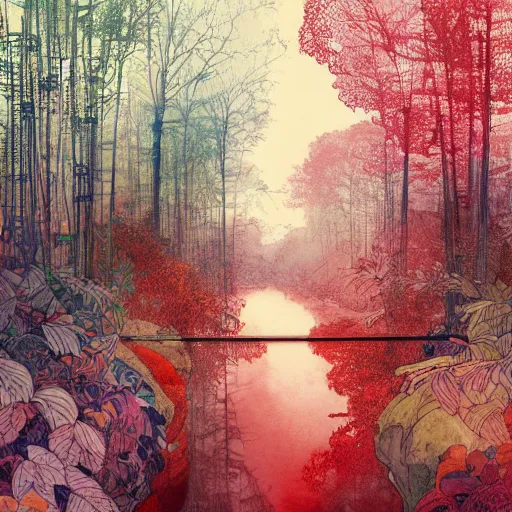 Image similar to a beautiful and inspiring intricate watercolor illustration inside a river, red robin trees forming a tunnel, 4 k, ultra - wide angle, by william turner, by victo ngai, by alphonse mucha, by miho hirano, hd, trending on artstation, hyper detailed, muted colors, inspiring, beautiful, paradisiac