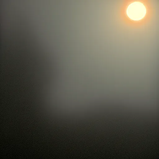 Prompt: the sun has a face with many eyes and teeth. seen through the fog