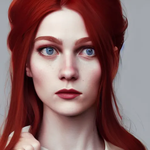 Prompt: beautiful girl her name was helga. she had red hair and green eyes and wanted to become a journalist when she grew up, beautiful portrait, symmetrical, character concept style trending on artstation concept art detailed octane render cinematic photo - realistic 8 k high detailed