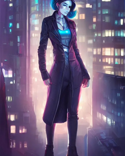 Image similar to photorealistic character portrait of a beautiful half cyborg woman with a mischievous look, the half cyborg woman is wearing a long trench coat, in a night rooftop scene by Liam Wong!!!, character portrait in the style of Artgerm and NeoArtCorE