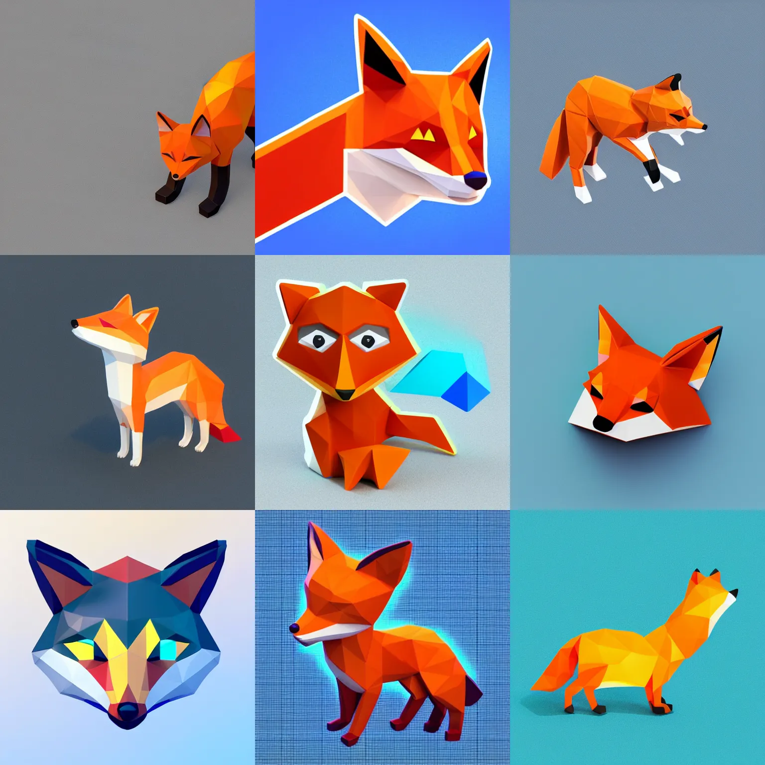 Prompt: a brightly colored, detailed icon of a fox emoji, 3 d low poly render, isometric perspective on white background