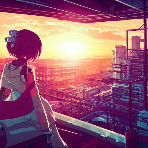 Prompt: android mechanical cyborg young anime girl overlooking overcrowded urban dystopia. long flowing soft hair. scaffolding. pastel pink clouds baby blue sky. gigantic future city. raining. makoto shinkai. wide angle. distant shot. purple sunset. perfectly circular sun. sunset ocean reflection.