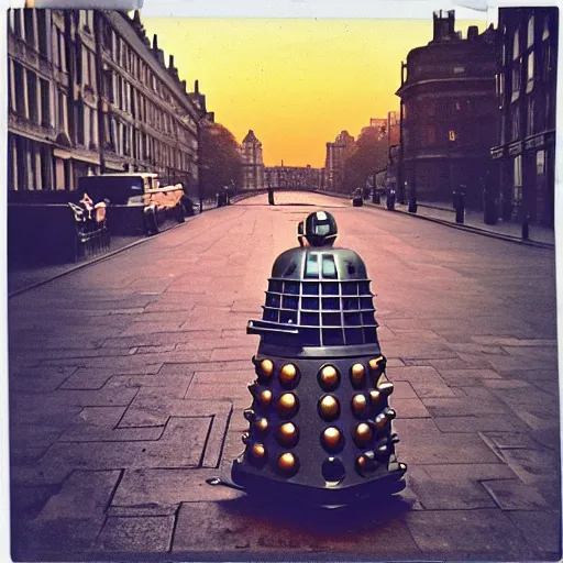 Prompt: dalek in London, sunset, beautiful polaroid photo, by Warhol,