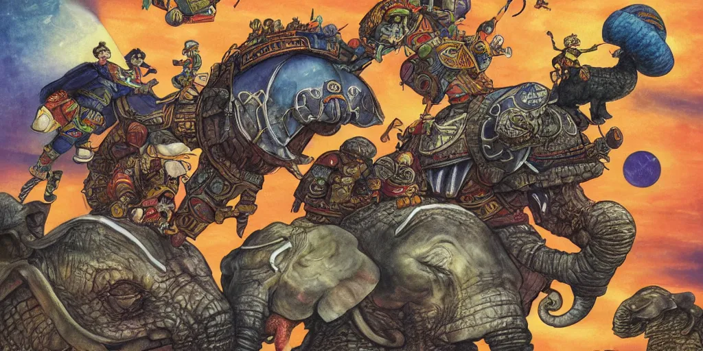 Image similar to the great a'tuin flying through space carrying discworld atop four elephants by kirby