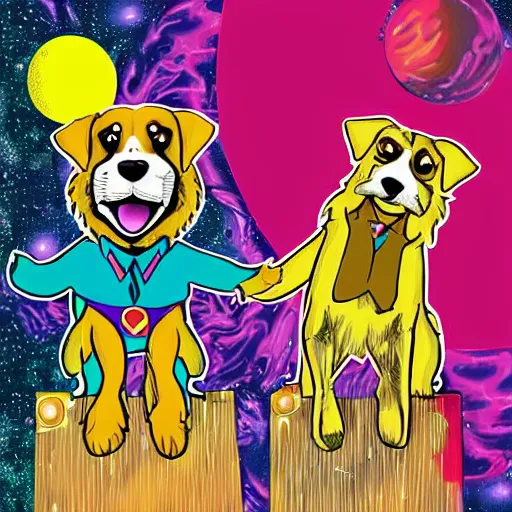 Image similar to a golden retriever and a raccoon dressed as crazy superheroes scientists on an adventure in space, 1960s psychedelic style, photorealistic