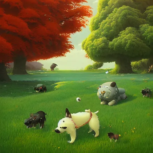 Prompt: dogs on green landscape by hayao miyazaki, studio ghibli and gediminas pranckevicius, very high detail