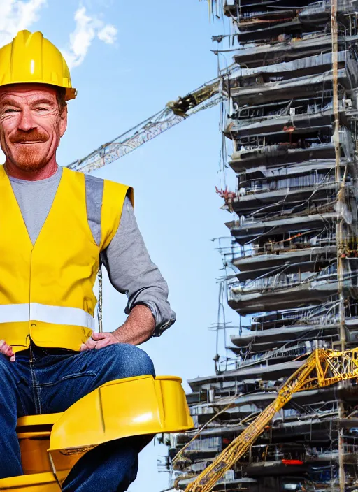 Image similar to closeup portrait of cheerful bryan cranston with a long crane neck, construction, yellow hardhat, sitting in a crane, natural light, bloom, detailed face, magazine, press, photo, steve mccurry, david lazar, canon, nikon, focus