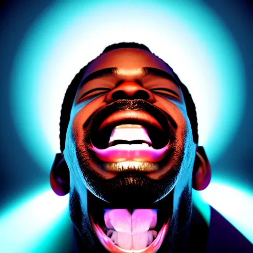 Image similar to a black man singing with all teeth shown ultra realistic, lens flare, atmosphere, glow, detailed, intricate, full of colour, cinematic lighting, trending on artstation, 4 k, hyperrealistic, focused, extreme details, unreal engine 5, cinematic, masterpiece, ultra realistic, hyper realistic, highly detailed, sharp focus, digital art