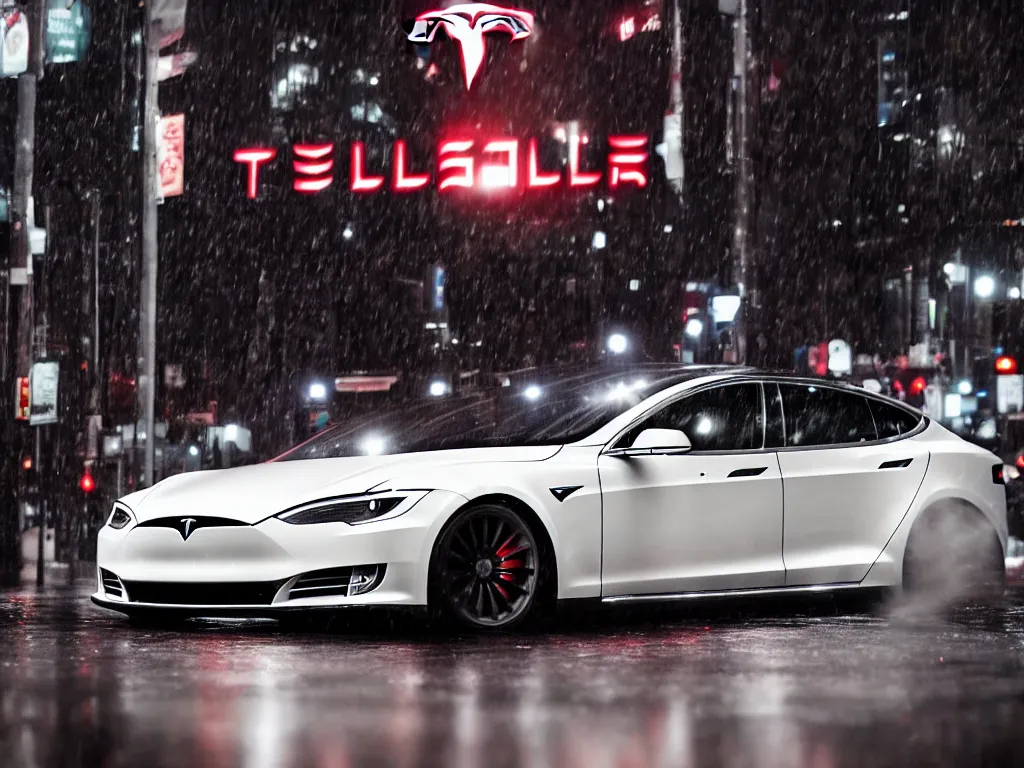 Image similar to A modified Tesla model S drifting on rainy Tokyo streets, night Time, 4k, 8k, cinematic shot