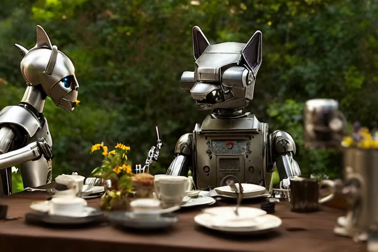 Image similar to film still from the movie chappie of the robot chappie shiny metal outdoor park plants garden scene bokeh depth of field several figures sitting down at a table having a grand victorian tea party furry anthro anthropomorphic stylized cat ears wolf muzzle head android service droid robot machine fursona