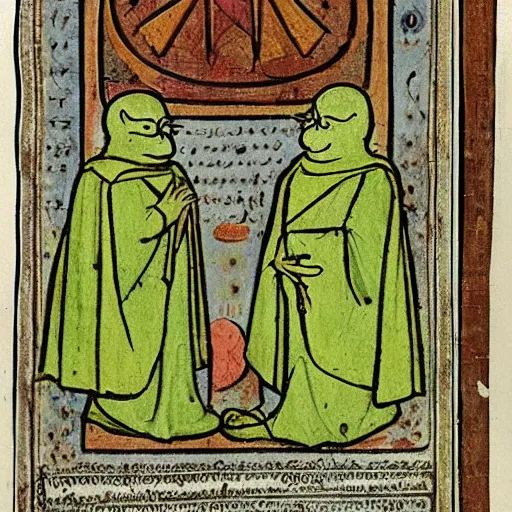 Prompt: page from a 1 4 th century monk's illustrations of the holy!! pepe the frog!!