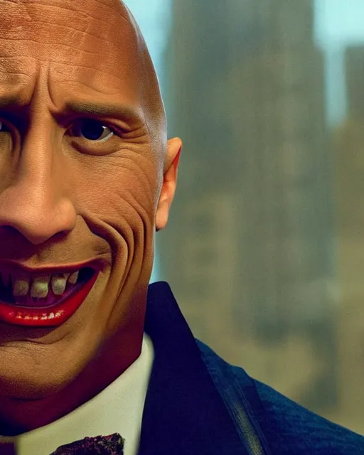 Image similar to Film still close-up shot of Dwayne The Rock Johnson as The Joker from the movie The Dark Knight. Photographic, photography