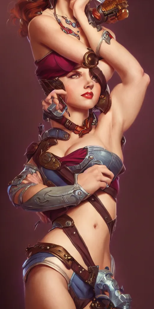 Prompt: Jill Winernitz, pinup, league of legends, intricate, highly detailed, digital painting, hyperrealistic, artstation, concept art, smooth, sharp focus, illustration, Unreal Engine 5, 8K, art by artgerm and greg rutkowski and alphonse mucha, by Jesper Ejsing