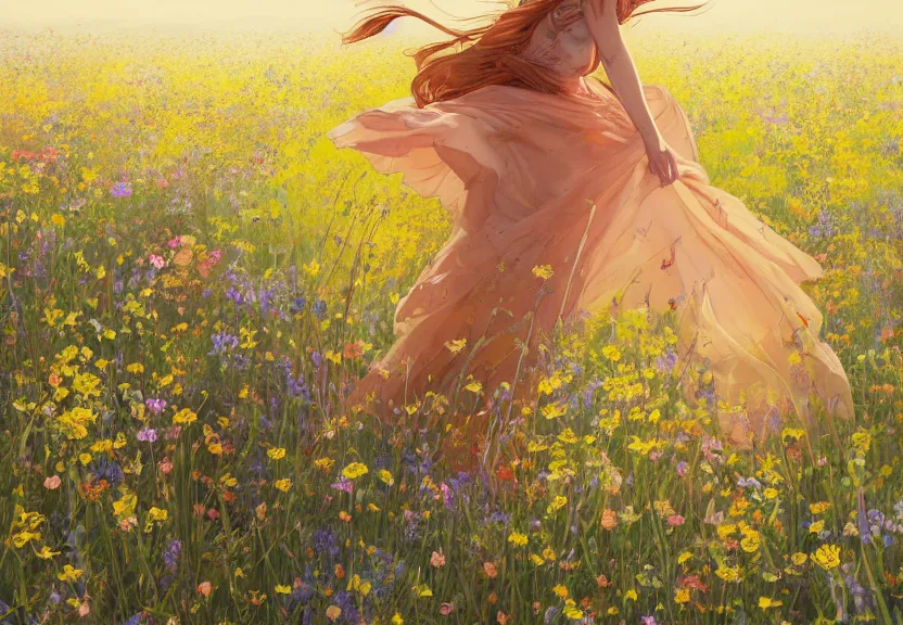 Image similar to a happy woman with copper hair and a flowing yellow sundress dancing in a field of wildflowers, with cute - fine - face, pretty face, realistic shaded perfect face, fine details by realistic shaded lighting poster by ilya kuvshinov katsuhiro otomo, magali villeneuve, artgerm, jeremy lipkin and michael garmash and rob rey