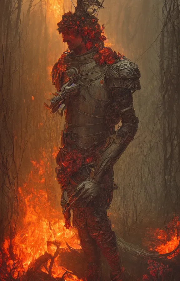 Image similar to portrait of a knight among flowers in dark forest surrounded by fire and smoke, moody, rim light, dynamic lighting, cinematic shot, gritty, ultra - detail, renderman, physically based render, jean delville, gustave dore and marco mazzoni