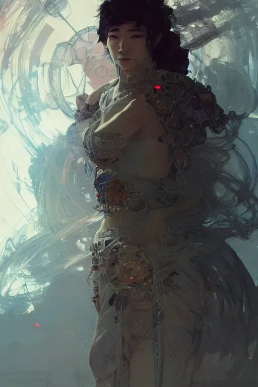 Image similar to A full portrait of a powerful beautiful futuristic dystopian junktown Japanese techromancer sorcerer enchanter, intricate, elegant, highly detailed, digital painting, artstation, concept art, smooth, sharp focus, illustration, art by Krenz Cushart and Artem Demura and alphonse mucha