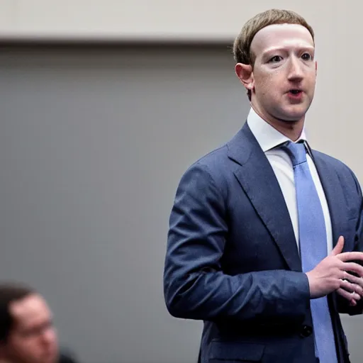 Image similar to disappointed mark zuckerberg on his trial at the hague