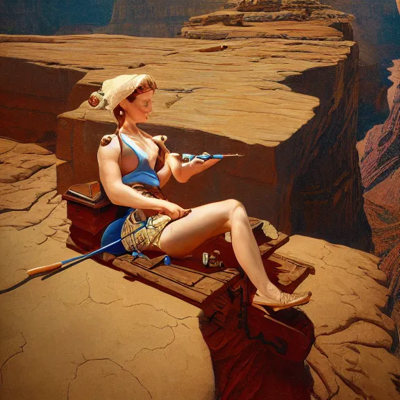 Prompt: a woman artist painting a self - portrait on a canvas at the bottom of the grand canyon. intricate, highly detailed, photorealistic, film still, by alexandros pyromallis, gil elvgren, sachin teng.