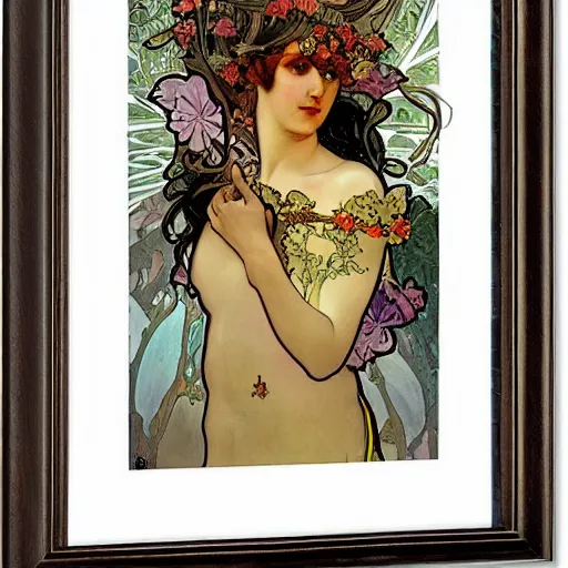 Image similar to persephone as godess of hell and flowers, painted by alphonse mucha