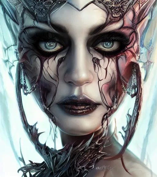 Prompt: a higly detailed airbrush full body shot and face portrait painting of a grim female sorceress with piercing eyes beautiful eyes, dynamic lighting, ambient lighting, deviantart, art by artgerm and simon bisley and karol bak