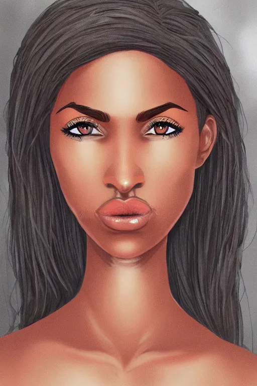 Prompt: A bust of a beautiful dark skinned Dominican Republic girl with large lips and smooth eyebrows and straight hair, HD, illustration, epic, fantasy, intricate, elegant, amazing detail, digital painting, artstation, concept art, smooth, sharp focus, illustration