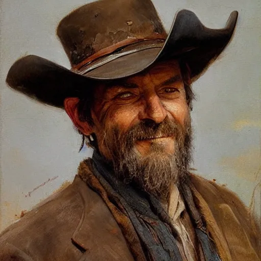 Prompt: Solomon Joseph Solomon and Richard Schmid and Jeremy Lipking victorian genre painting portrait painting of Royal Dano a rugged cowboy gunfighter old west character in fantasy costume, rust background