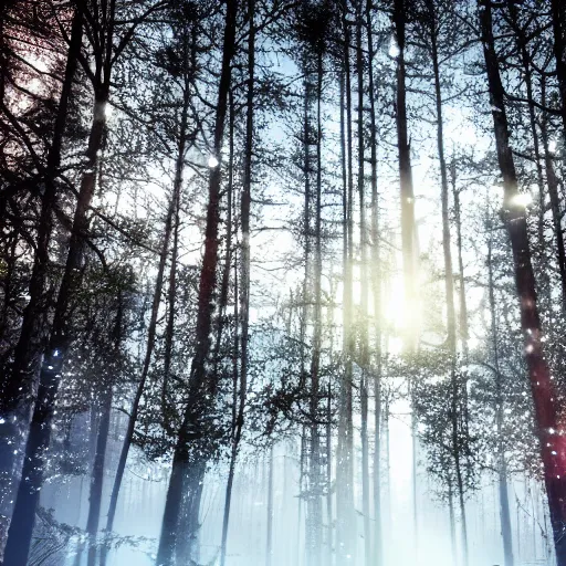 Image similar to bright nordic forest, sparkling spirits, detailed wide shot, wireframe, ground detailed, wet eyes reflecting into eyes reflecting into infinity, beautiful lighting