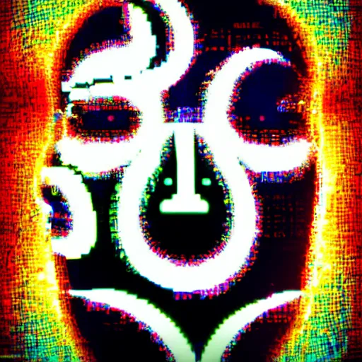 Prompt: evil face made out of digital code, on computer screen, old computer