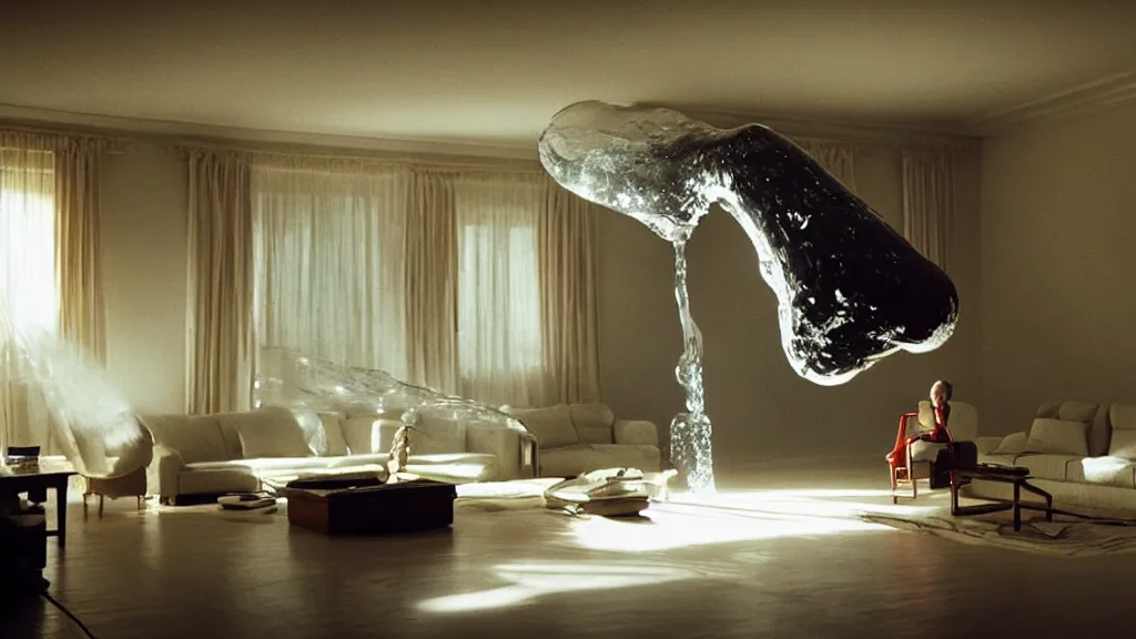 Image similar to a giant hand made of wax and water floats through the living room, film still from the movie directed by Denis Villeneuve with art direction by Salvador Dalí, wide lens